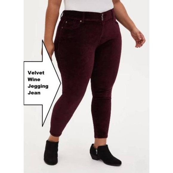 💜3/$25💜 Torrid 14 / 14W Short Velveteen Skinny Jean Burgundy Wine Velvet $88 - Picture 4 of 15